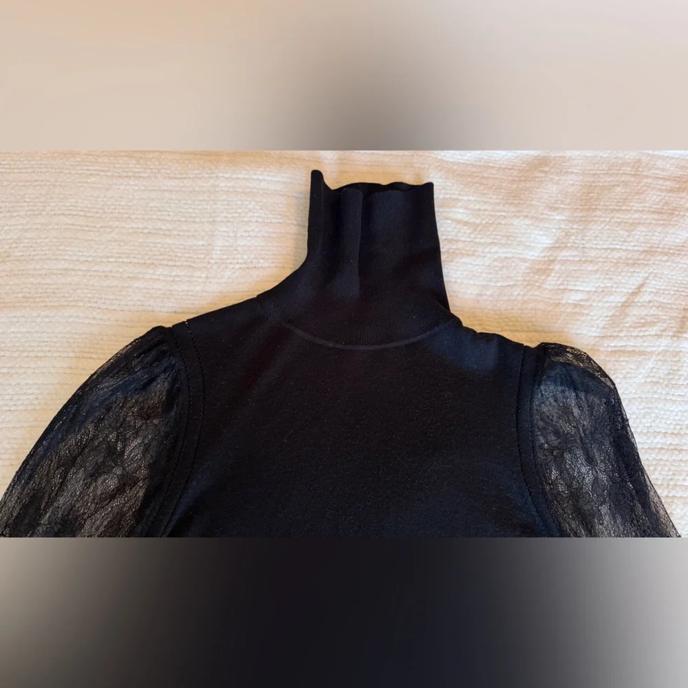 EQUIPMENT Femme Black Wool Silk Turtleneck Sweater Sheer Lace Sleeves Long Cuffs